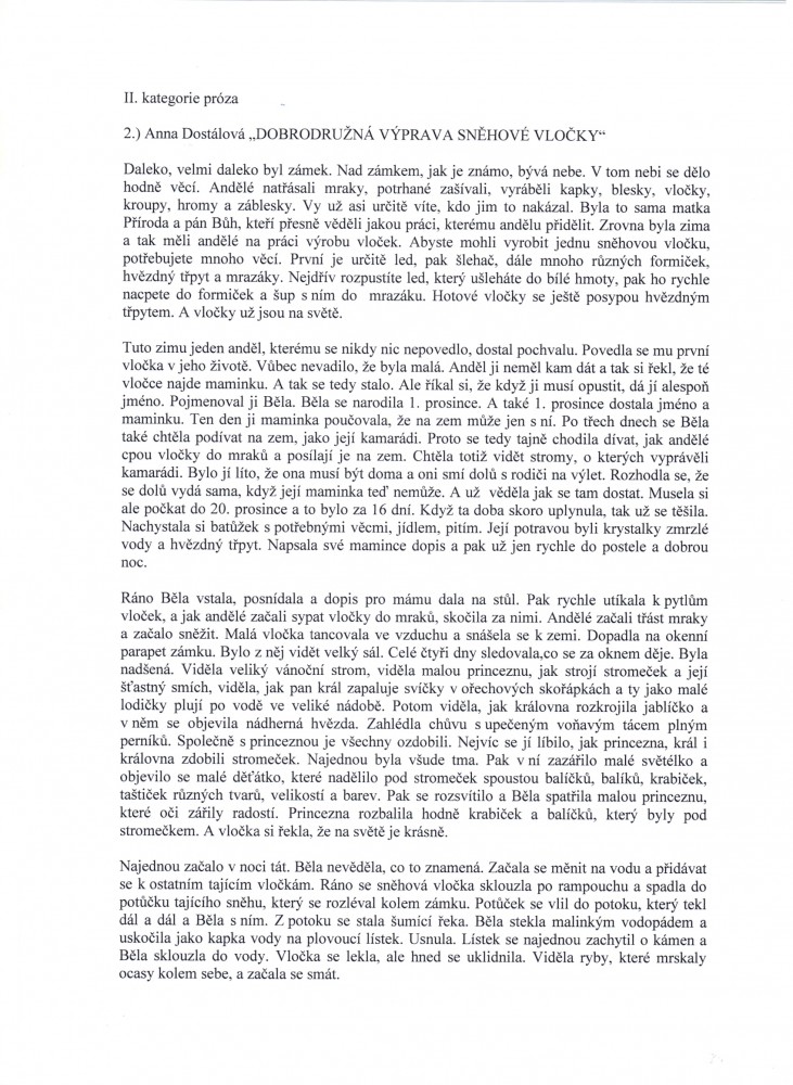 PRÓZA_2 kat_2 místo_Anna Dostálová_Dobrodružná výprava sněhové vločky