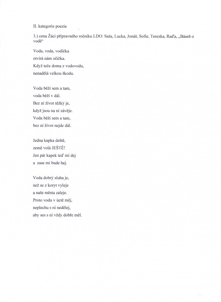 POEZIE_2 kat_3 místo_Žáci příprav.ročníku,, Báseň o vodě
